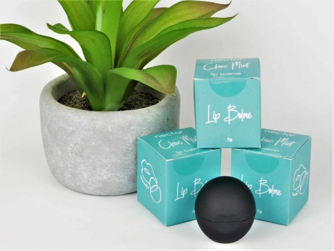 mint lip balm and boxes and plant
