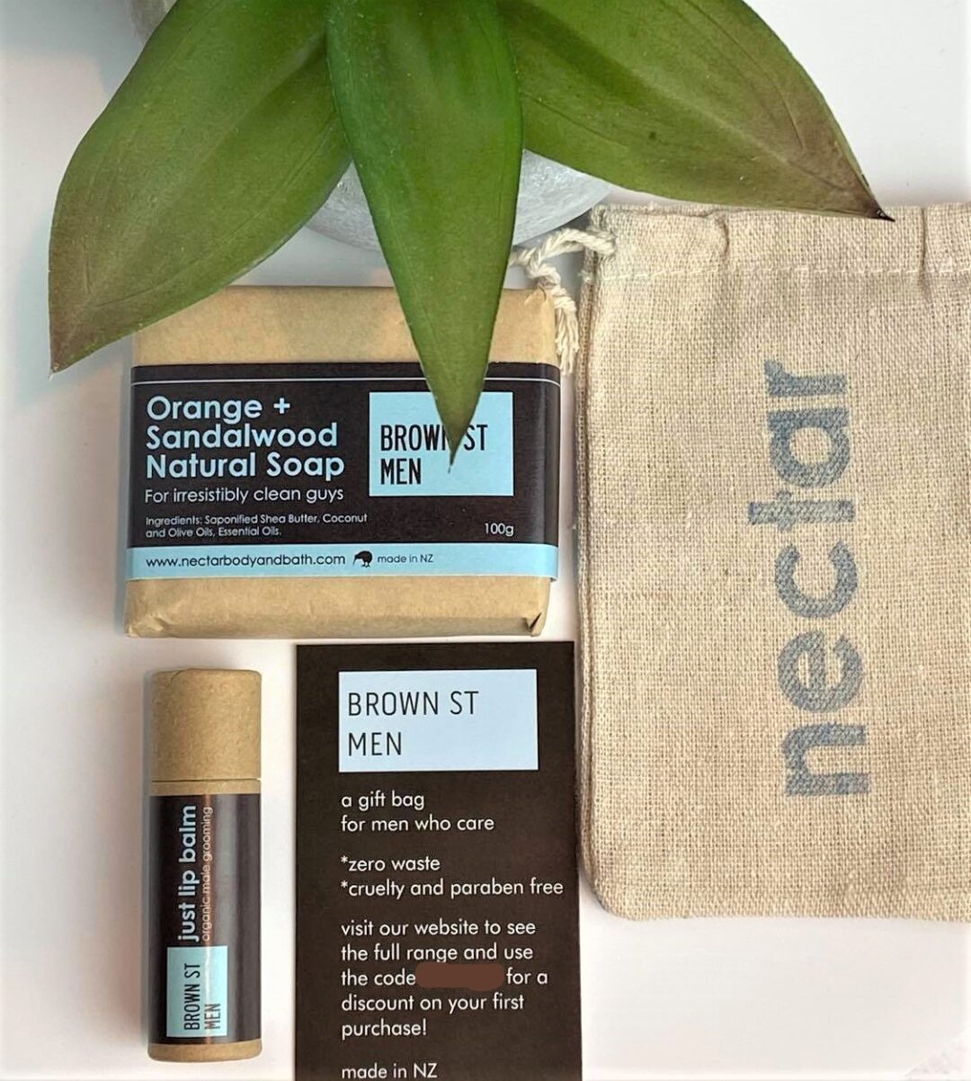 contents of man bag with plant in background in flatlay
